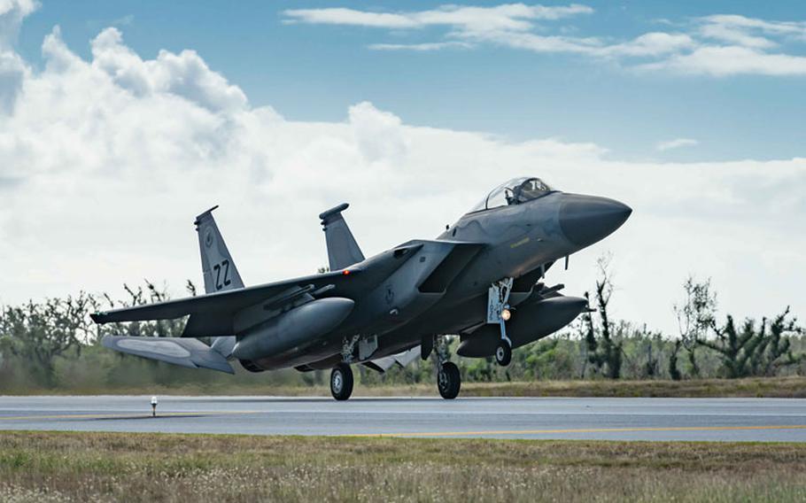 An F-15C Eagle from the 44th Fighter Squadron, Kadena Air Base, Japan, lands at Tinian International Airport, Tinian, during exercise Resilient Typhoon, April 23, 2019. Resilient Typhoon is a dispersal exercise based at Andersen Air Force Base, Guam, designed to validate Pacific Air Force’s ability to maintain readiness while adapting to rapidly evolving regional events such as inclement weather. (U.S. Air Force photo by Airman 1st Class Matthew Seefeldt)