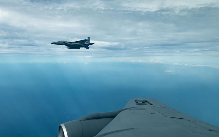 An F-15C Eagle from the 44th Fighter Squadron flies during a training exercise July 10, 2019, out of Kadena Air Base, Japan. The F-15 Eagle is an all-weather, maneuverable, tactical fighter designed to permit the Air Force to gain and maintain air supremacy over the battlefield. (U.S. Air Force photo by Airman 1st Class Matthew Seefeldt)