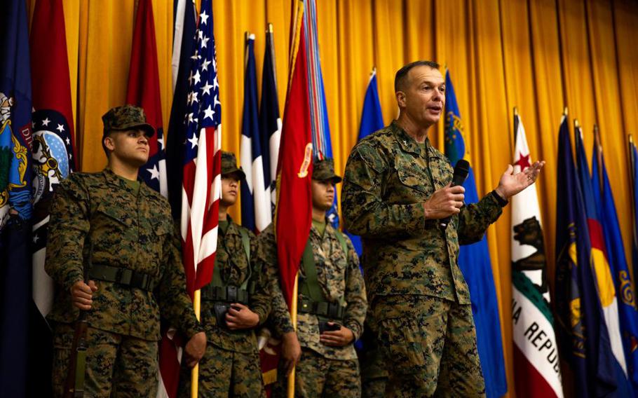 U.S. Marine Corps Maj. Gen. Jay Bargeron, incoming commanding general of 3d Marine Division, speaks during a change of command ceremony on Camp Courtney, Okinawa, Japan, Nov. 8, 2021. The ceremony represented the transfer of responsibility, authority and accountability from Maj. Gen. James Bierman to Maj. Gen. Jay Bargeron. (U.S. Marine Corps photo by Lance Cpl. Ujian Gosun)