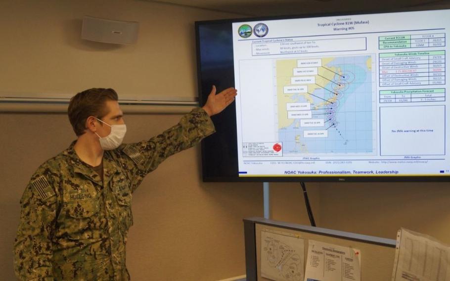 AG1 Huelsing from the Naval Oceanography Anti-Submarine Warfare Center (NOAC) in Yokosuka, Japan, briefs the Tropical Cyclone Condition of Readiness (TCCOR) winds timeline for Commander Fleet Activities Yokosuka (CFAY) as part of the annual Typhoon Ready Reliant Gale (TRRG) exercise on Apr. 26, 2020.