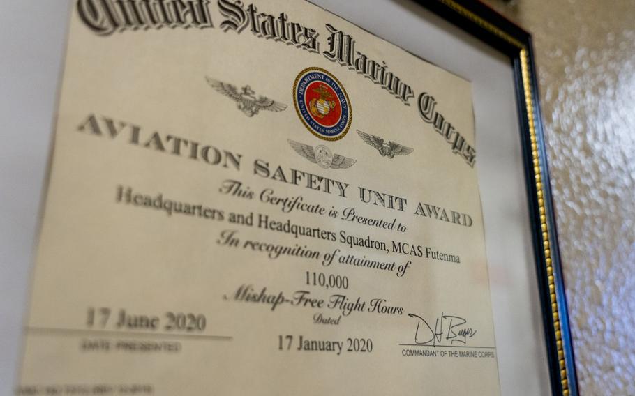 The United States Marine Corps Aviation Safety Unit Award on display Aug. 21, 2020 at Headquarters and Headquarters Squadron, Okinawa, Japan, Marine Corps Air Station Futenma. The award is given to a unit upon receiving 110,000 mishap-free flight hours. (U.S. Marine Corps photo by Cpl. Brennan J. Beauton)