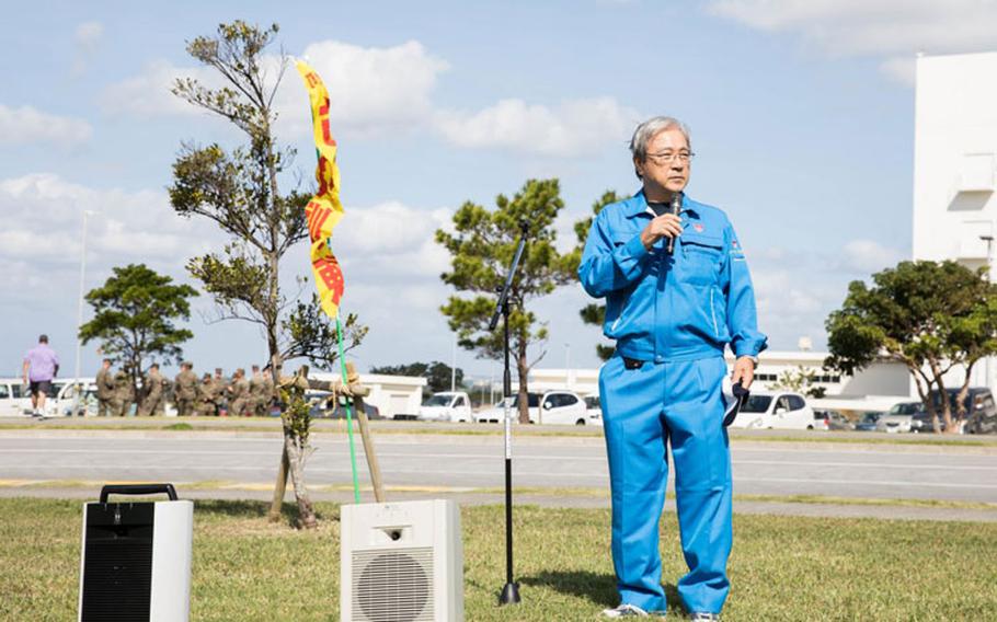 Masakatsu Kamiyama, vice mayor of Chatan Town, speaks to during a closing ceremony as part of a Tsunami Evacuation Drill, Camp Foster, Okinawa, Japan, Nov. 9, 2019. The drill was held to convey the readiness and capabilities of the camp to members of the U.S. and local communities in the event of an emergency. (U.S. Marine Corps photo by Cpl. Kayla V. Staten)