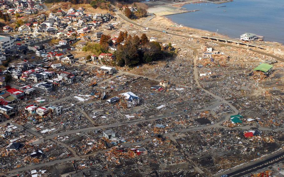 An aerial view of damage to Sukuiso, Japan, a week after an earthquake and subsequent tsunami devastated the area. DYLAN MCCORD/U.S. NAVY PHOTO