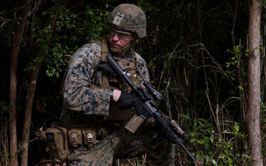 A U.S. Marine with 4th Marine Regiment, 3rd Marine Division participates in the Advanced Infantry Marine Course on Camp Schwab, Okinawa, Japan, April 1, 2020. 3rd Marine Division conducts mission essential training to remain ready to respond to any crisis situation throughout the Indo-Pacific region.