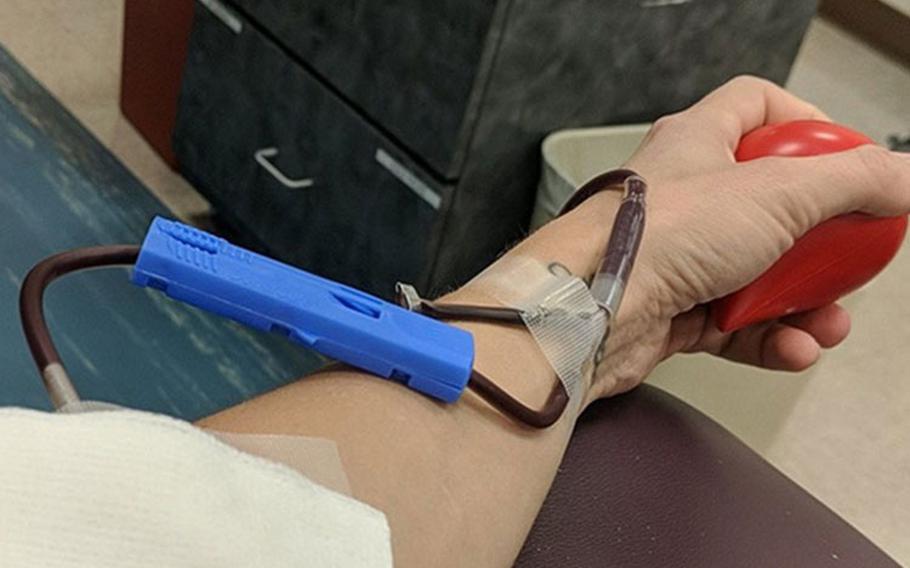 Hospital corpsman 2nd Class Ashley Thompson donates blood again at the Akeroyd Blood Donor Center at Joint Base San Antonio-Fort Sam Houston in Texas. (Courtesy of HM2 Ashley Thompson.)