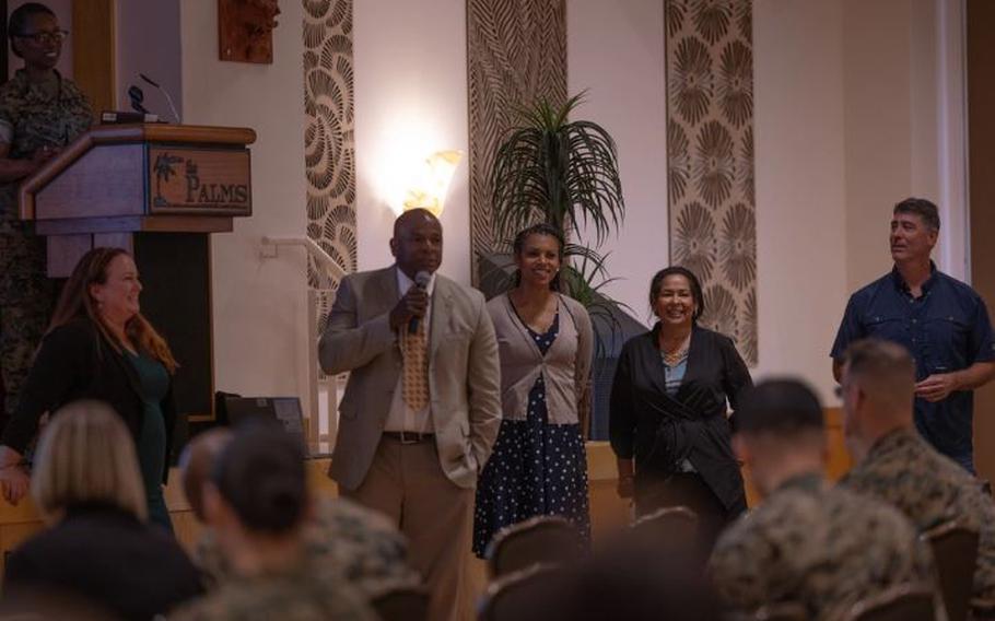 Suicide prevention specialists with Headquarters Marine Corps speak to service members and civilian advocates during the 2023 Suicide Prevention Stakeholder’s Symposium on Camp Hansen, Okinawa, Japan, June 6, 2023. The symposium, now in its third iteration, brings mental health professionals and service members together to discuss critical issues and preventative measures regarding suicide. (U.S. Marine Corps photo by Cpl. Tyler Andrews)