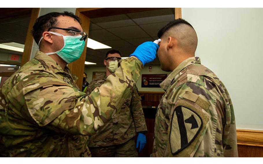 Soldiers stationed on U.S. Army Garrison Casey conduct pre-screening processes on individuals awaiting entry to the base, USAG-Casey, Dongducheon, Republic of Korea, Feb. 26, 2020. Additional screening measures of a verbal questionnaire and temperature check are in response to the heighted awareness of Coronavirus (COVID-19) following a surge in cases throughout the Republic of Korea and are meant to help control the spread of COVID-19 and to protect the force. (U.S. Army photo by Sgt. Amber I. Smith)