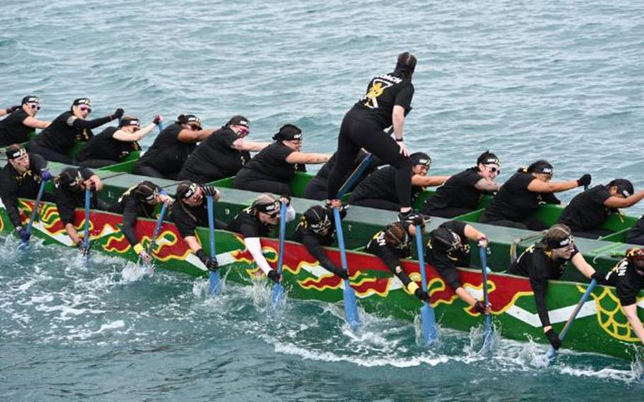 The Army Ladies' Dragon Boat Team won the championship trophy during the 49th Naha Hari Festival Dragon Boat Races on May 5th, 2023 in Naha City, Okinawa. This is the first time an all-female team has won first place in the individual timed heats and also the finals. Photos by Brian Lamar