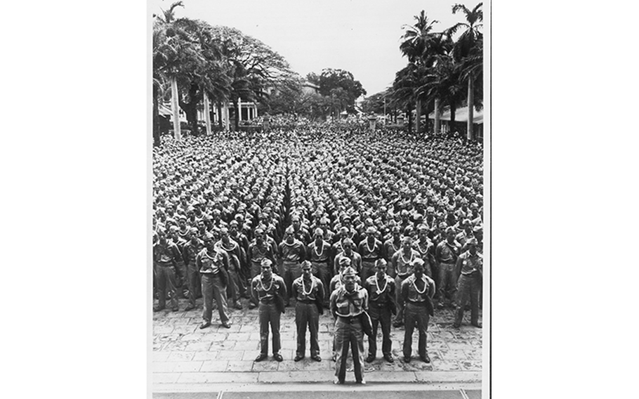 The 442nd Regimental Combat Team, made up of Japanese-American soldiers, stands in formation at Iolani Palace, Hawaii, prior to a departure for training, March 1943. The month of May is designated as Asian American and Pacific Islander Heritage Month in the U.S. This monthlong observance celebrates the achievements and contributions of Asian Americans and Pacific Islanders in the U.S. and recognizes the hardships and challenges they endured.