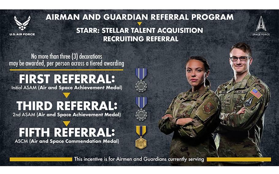 Two new programs, Stellar Talent Acquisition Recruiting Referral and Stripes for Referrals, aim to incentivize all Airmen and Guardians to inspire the next generation to serve in the Air Force and Space Force.