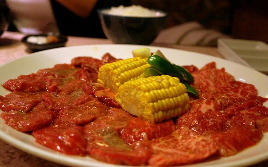 A nice plate of marbled beef at a good yakiniku restaurant where you grill your own meat.