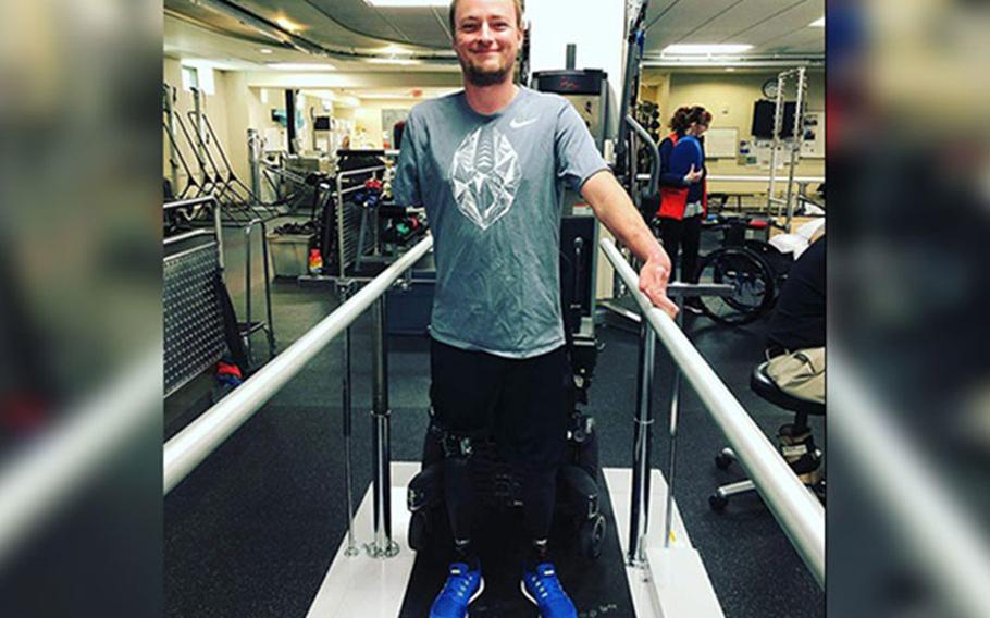 Jason Hallett underwent physical therapy at Walter Reed National Military Medical Center in Bethesda, Maryland after recovering from osseointegration, a complicated procedure where a prosthetic limb is surgically anchored and integrated into the patient’s bone. (Courtesy photo.)