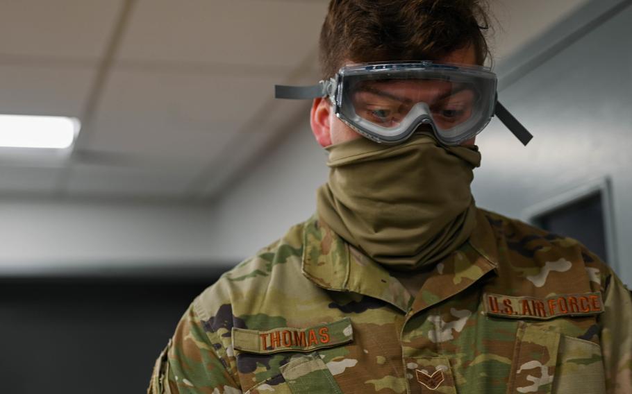U.S. Air Force Senior Airman Joshua Thomas, 33rd Aircraft Maintenance Squadron nondestructive inspection technician, uses protective eye gear while he tests aircraft equipment for surface cracks and delamination on May 5, 2021, at Eglin Air Force Base, Florida. Many eye injuries sustained by service members can be prevented, according to the Defense Health Agency’s Vision Center of Excellence, (U.S. Air Force photo by Airman Colleen Coulthard)