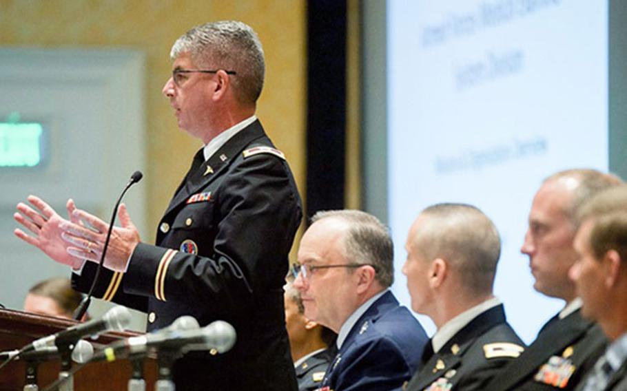 Army Col. Louis Finelli of the Armed Forces Medical Examiner System speaks at a panel discussion during the 2019 Military Health System Research Symposium. (Photo by: MHS)