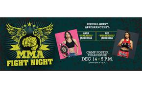 Flyer promoting MMA Fight Night at Camp Foster. in addition to details about the event, two photo of the participants are used.