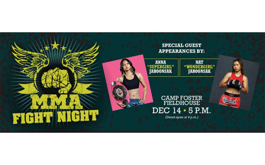 Flyer promoting MMA Fight Night at Camp Foster. in addition to details about the event, two photo of the participants are used.