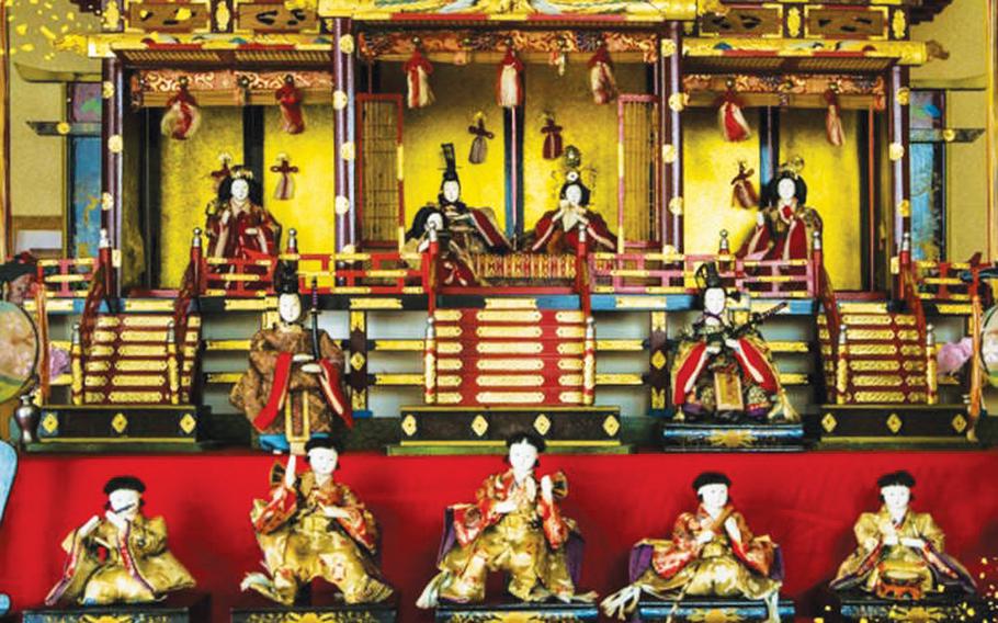 Gotenkazari (depicted), massive seven-tier platforms with a full set of 15 dolls, gorgeously dressed hina dolls - hinamatsuri stands come in all shapes and sizes!