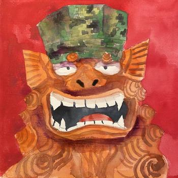 Painting of Okinawan guardian lion wearing military hat.