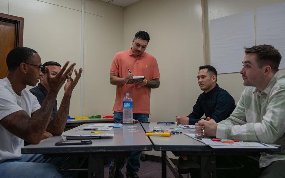 U.S. service members discuss their ideas at a Project Mercury Innovator Workshop at Kadena Air Base, Japan, Aug. 5, 2024. The Project Mercury innovator workshop is a course aimed at creating leaders who are fully equipped to tackle crisis situations with new tools and innovative thinking.