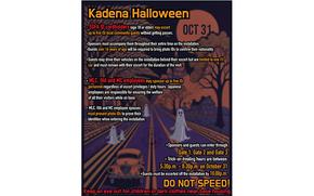 Flyer promoting Kadena Halloween. A graphic of some ghosts on the road is used.