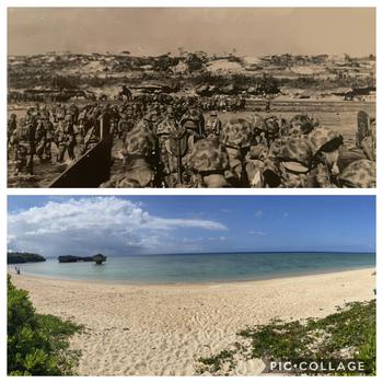 Top: “MARINES LANDED ON OKINAWA AGAINST MILD RESISTANCE”.
 Photo and Caption Credit: US Archives 
Bottom: Present day: Toguchi Beach, Yomitan Comparison (photo by Steph Pawelski)