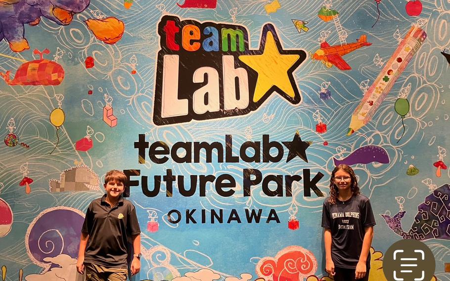 My kids, William, 12 and Hannah, 14 at teamLab Future Park Okinawa across from Sugar Loaf Hill