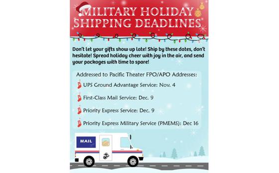 Photo Of Flyer promoting military holiday shipping deadlines. A graphic of USPS delivery car is used.