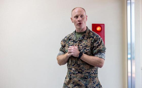 U.S. Marine Corps Capt. Tyler C. Gunn, the Camp Schwab Operations Officer, speaks at a dedication ceremony on Camp Schwab, Okinawa, Japan, July 2, 2025. The ceremony is to recognize and honor Mr. Charles A. DeCasari, a retired U.S. Marine serving from 1984-2009 and then serving as the camp director for Camp Schwab from 2016-2024. Gunn is a native of California. 