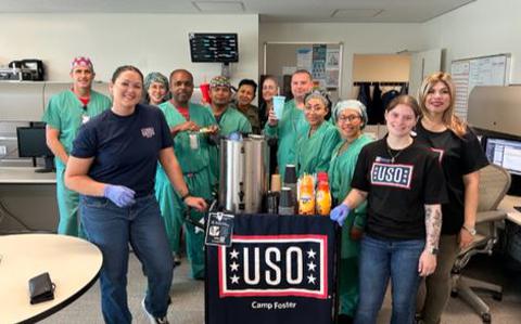 Photo Of Nurses from the General Surgery department and USO Staff, Center Operations Specialist Linda Beaulieu and Center Operations Manager Christi Brent, and volunteer.
