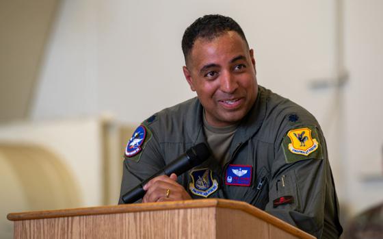 Photo Of U.S. Air Force Lt. Col. Christopher Saltares, 319th Expeditionary Reconnaissance Squadron commander, speaks at the 319th ERS change of command ceremony at Kadena Air Base, Japan, Sept. 13, 2024. The 319th ERS operates the MQ-9 Reaper, a combat-tested platform that provides intelligence, surveillance and reconnaissance data while being remotely operated by its pilot.