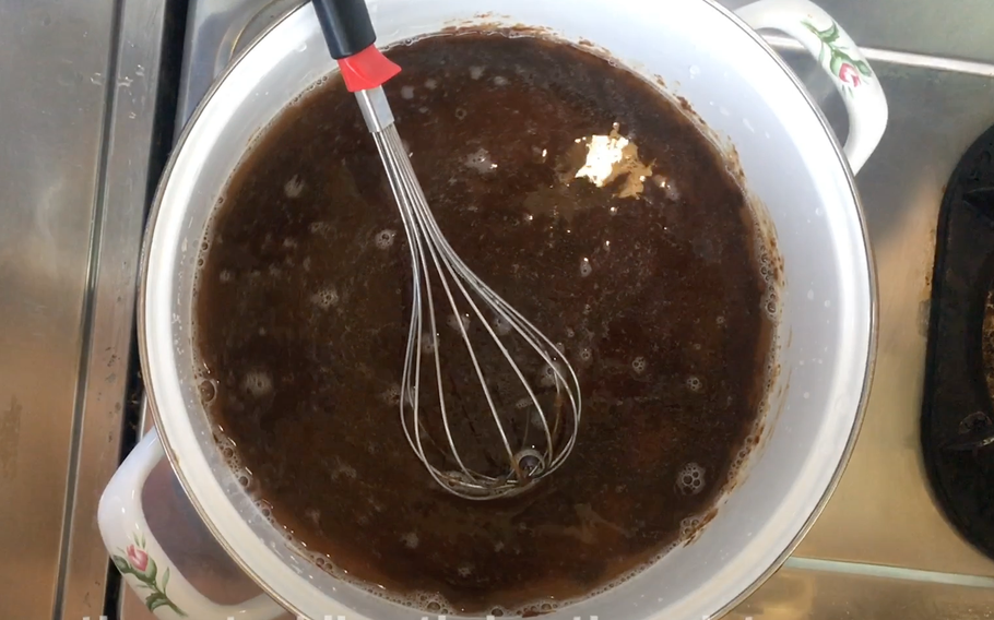 Heat the pot on a stove with moderate heat while constantly whisking the mixture.