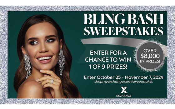 Flyer promoting Bling Bash sweepstakes. A photo of a lady with smile is used.