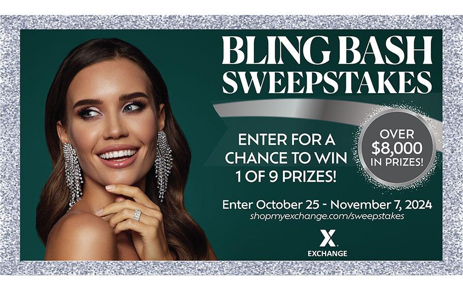 Flyer promoting Bling Bash sweepstakes. A photo of a lady with smile is used.