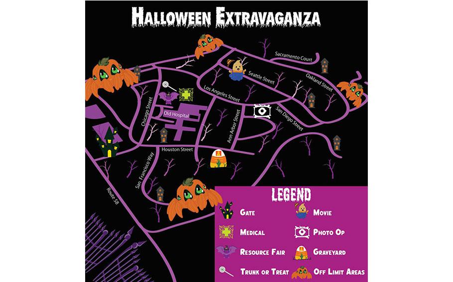 Flyer promoting halloween extravaganza. A map of Camp Lester and events are described.