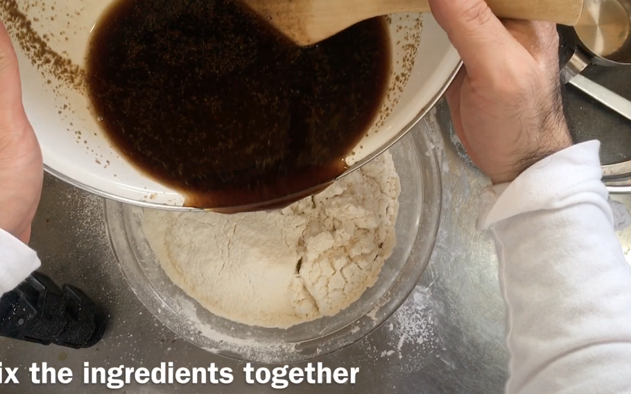 Pour the cooled brown sugar-egg-and-water mixture into the bowl, and add salt.
