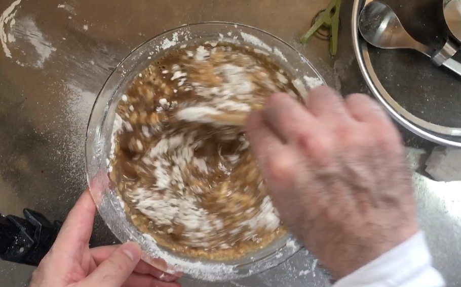 Whisk the mixture and let it sit for about 10 minutes with a wet towel covering the bowl.