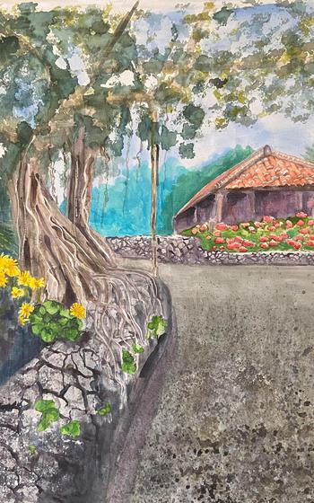 Painting of one-stroy house (Okinawan traditional house)