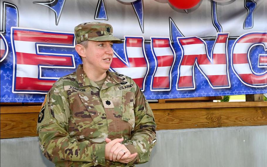 Lt. Col. Elizabeth Johnson, commander of U.S. Army Garrison Okinawa, delivers remarks.
