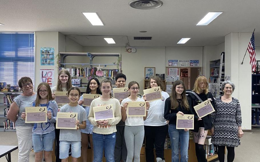 Back row- Ms. Valerie Roshong (LMS), Olivia Keplinger (KMS), Kirra Aguon (KMS), Franklin Buckner (LMS), Milo Coolidge (RMS), Molly Hess (KMS), Ms. Hilarie Meadows (KMS)
Front row-Ainsley Neill (KMS), Julianna Aubin (LMS), Shyleigh-Joy Greene (KMS), Peyton Shea (LMS), Eliana Blom (KMS)