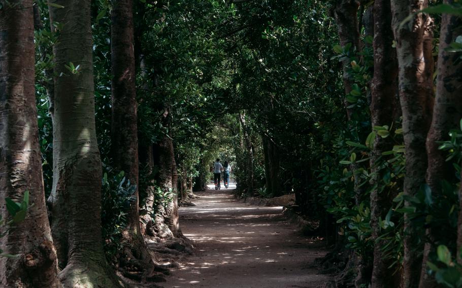 Two people are walking in the FUKUGI STREET.