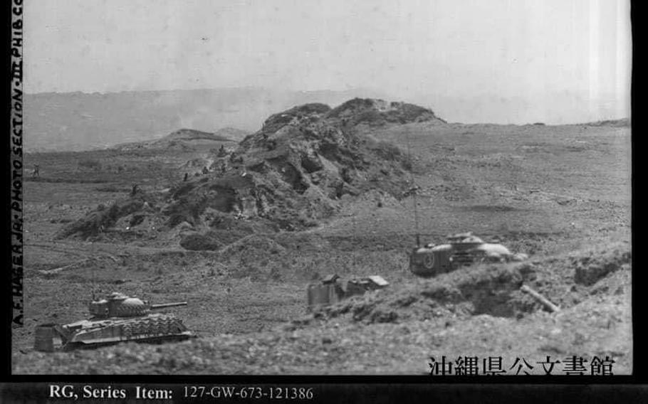 Marines pinned down on ridge approaching “Sugar Loaf” Hill.