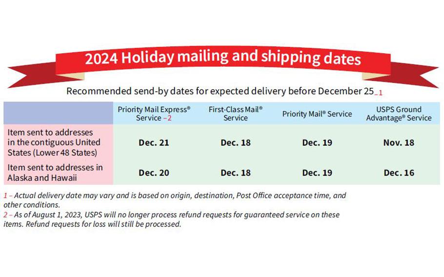 Flyer of 2024 holiday mailing and shipping dates.