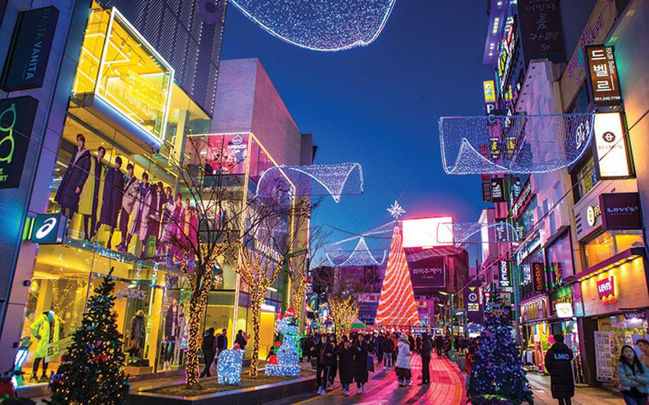 illuminated trees are on the street in Busan.