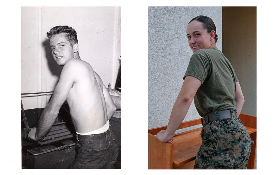 U.S. Navy photographer Keith Zimmerman, left, photographed at an unknown date during his World War II service and Zimmerman’s great-great niece, U.S. Marine Corps Cpl. Carla Elizabeth O, poses on Camp Foster, Okinawa, Japan, March 30, 2020. Zimmerman served as a photographer on the USS Tangier from 1941 to 1945. O is trained as a combat correspondent in the Marine Corps and has served in Okinawa since July 2019. (Photo by Cpl. Carla Elizabeth O)