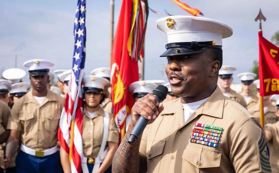 U.S. Marine Corps Sgt. Maj. Michael Moore, retired sergeant major of 7th Communication Battalion, III Marine Expeditionary Force Information Group, gives a speech during the 7th Comm. Bn. Sgt. Maj. Relief and Appointment ceremony at Camp Hansen, Okinawa, Japan, Jan. 24, 2025.