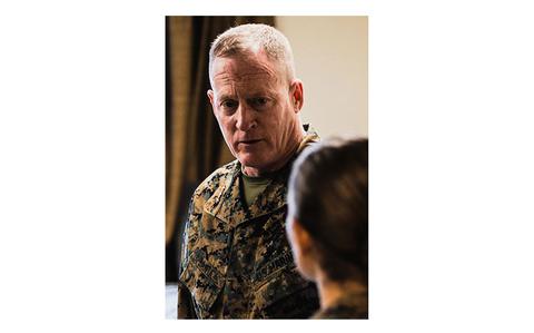 Photo Of U.S. Marine Corps Lt. Gen. Edward D. Banta, the Deputy Commandant for Installations and Logistics, gives remarks during a command inspection on Camp Foster, Okinawa, Japan, Feb. 13, 2024.