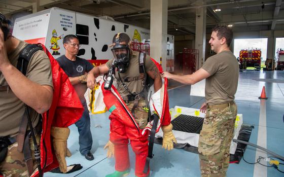 Photo Of U.S. Air Force 18th Civil Engineer Squadron firefighters decontaminate a firefighter during hazmat contamination training evaluation at Kadena Air Base, Japan, Aug. 23, 2024.