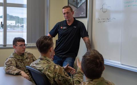 Photo Of Medal of Honor recipient Dakota Meyer speaks to a group of junior enlisted Airmen during a leadership open forum at Kadena Air Base, Japan, Feb. 27, 2024.