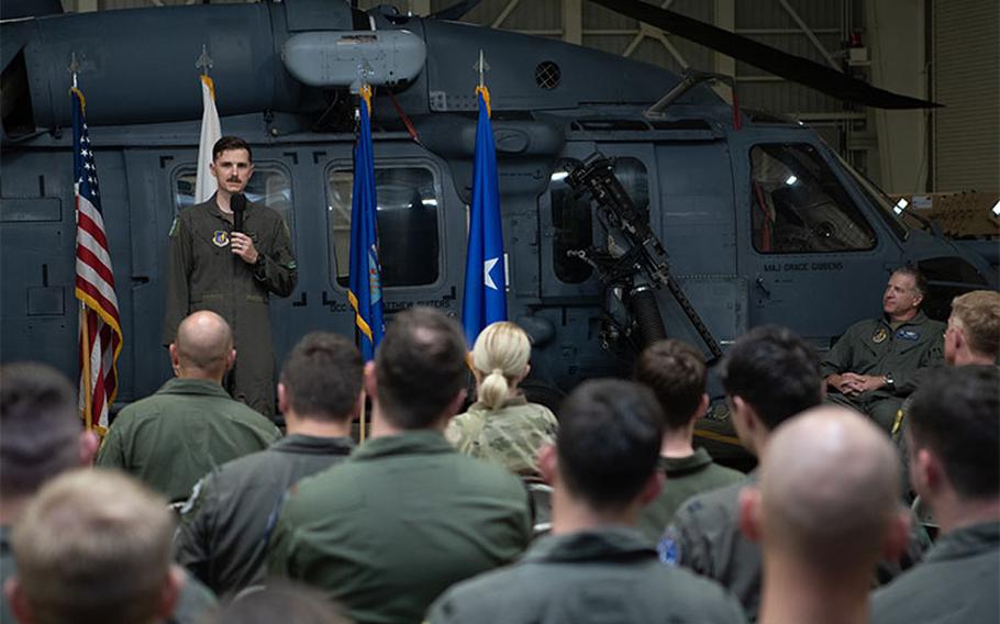 U.S. Air Force Master Sgt. Mathew Hawkins, 33rd Rescue Squadron operations superintendent speaks at the Cheney Award Presentation at Kadena Air Base, Japan, April 21, 2023. The Cheney Award recognizes acts of valor, extreme fortitude or self-sacrifice in a humanitarian interest, performed in connection with aircraft, but not necessarily of military nature by an Air Force officer or enlisted member. (U.S. Air Force photo by Airman 1st Class Jonathan R. Sifuentes)