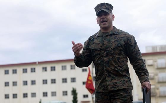 Photo Of U.S. Marine Corps Sgt. Maj. Rigoberto Melendez speaks on his time at 4th Marine Regiment at the conclusion of his promotion ceremony on Camp Schwab, Okinawa, Japan, Jan. 6, 2025.